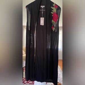 Joseph A sweater women mid length open Cardigan with embroidered red rose XL